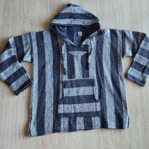 Mexican Baja Poncho Drug Rug Hoodied Warm Jacket Fleece Lined Black White Unisex